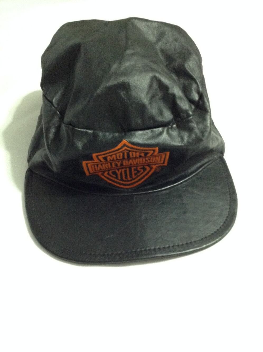 Vintage Harley Davidson Black Leather Military Cadet Cap Flat Top Strapback Hat